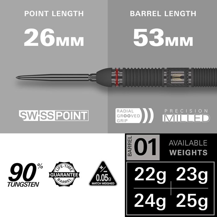 Професійний набір сталевих дротиків Target Darts Scope Swiss Point, 90% вольфрам, червоно-чорний, 21-25 г, з інструментом