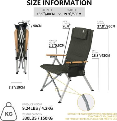 Крісло для кемпінгу складне, з високою спинкою, регульована спинка в 4 положеннях, до 150 кг, для саду, риболовлі, відпочинку на природі (зелене)