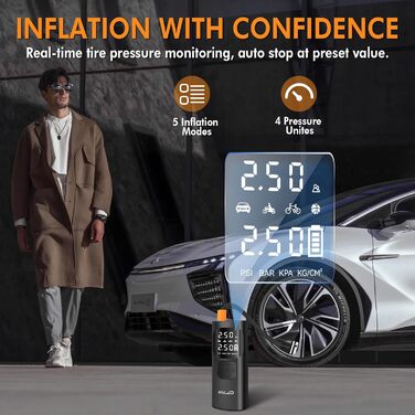 Електричний компресор ELZO для велосипедів, м'ячів та авто: 150 PSI, 7500mAh, LCD-дисплей, автостоп