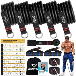 Набір еластичних стрічок для фітнесу, 5 шт. (150lbs), з ручками та кріпленням для дверей, для пілатесу та силових тренувань, чорний