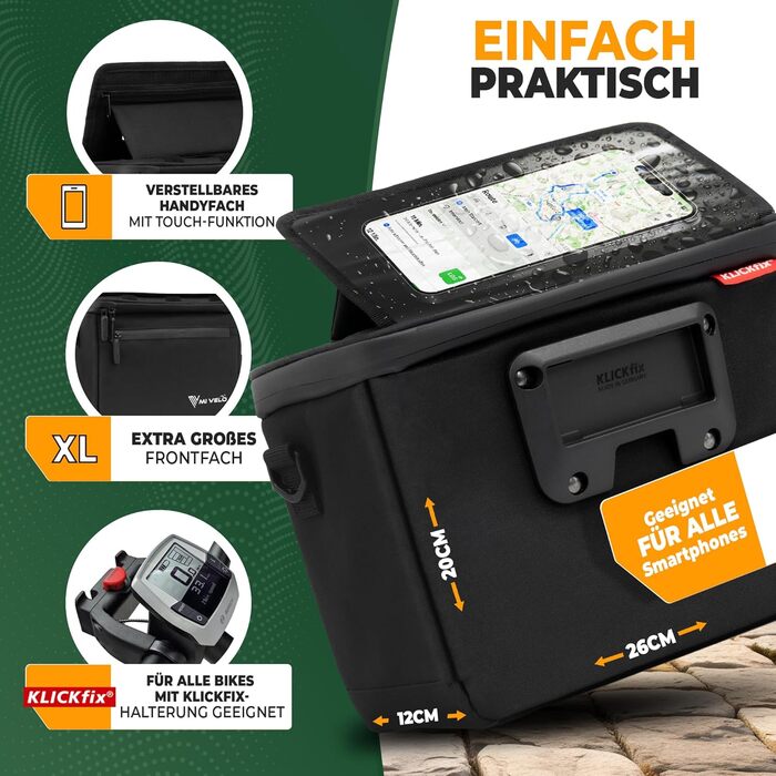 Велосипедна сумка на кермо MIVELO KLICKfix, водовідштовхувальна, містка, з відділенням для телефону, підходить для електровелосипедів, чорна