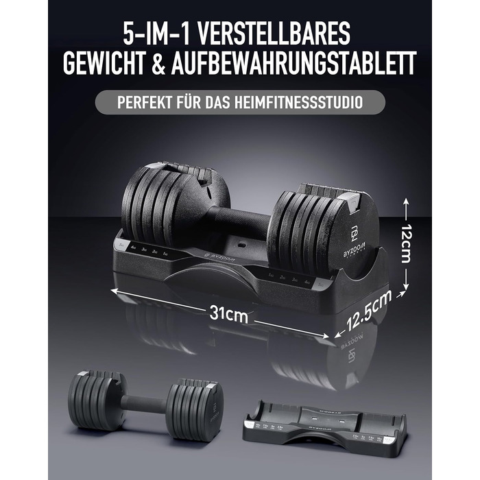 Регульовані гантелі BYZOOM FITNESS 2x5 кг, компактні для дому, 5-в-1, для силових і функціональних тренувань, для початківців
