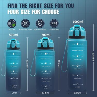 Спортивна пляшка для води Tritan 1L/500ml/700ml/1500ml, BPA-free, з маркуванням часу, витокозахисна, для фітнесу, велосипеду, відпочинку, йоги, спортзалу, школи, 1000ml, темно-зелений, темно-синій
