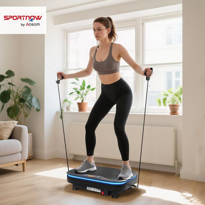 Віброплатформа SPORTNOW з Bluetooth, 99 рівнями інтенсивності та 3 програмами тренувань + гумки для фітнесу. Вібротренажер для схуднення та м'язів.