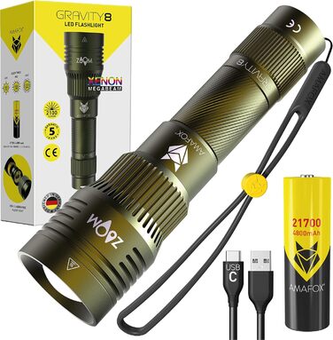 Ліхтар тактичний AMAFOX G8 Megabeam LED - 2100 люмен, 21700 mAh, USB-C, військовий зелений, модель 2025