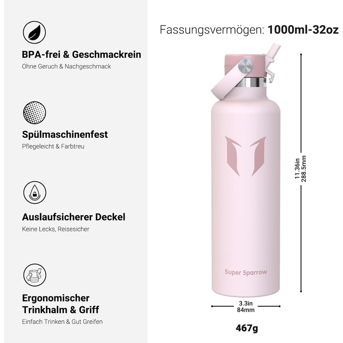 Термокружка-термос Super Sparrow з нержавіючої сталі з трубочкою - 350мл, 500мл, 750мл, 1л, 1.2л - BPA Free, для спорту, подорожей, школи, відпочинку на природі (1000мл, вишня)
