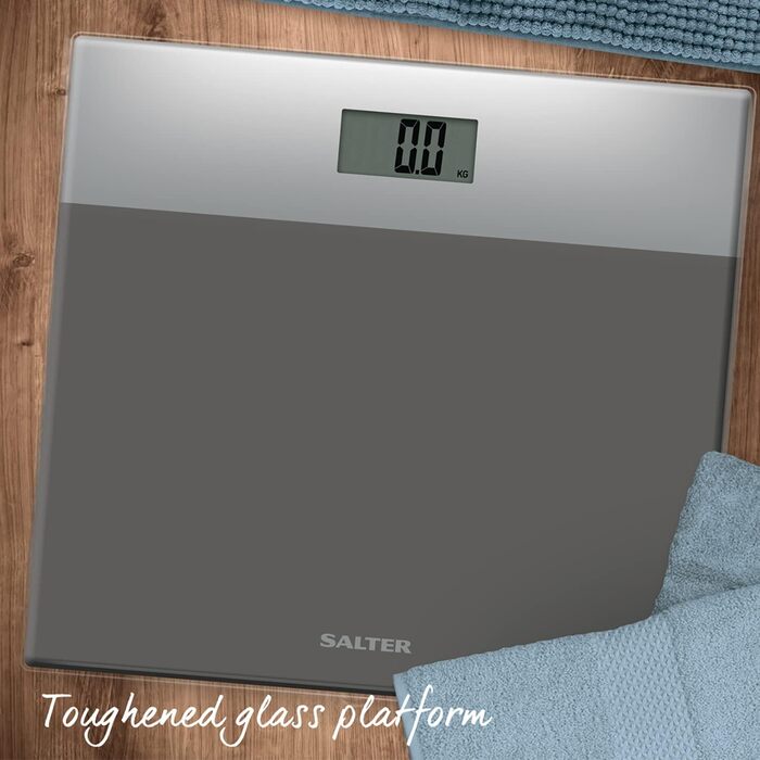 Salter 9206 електронна ваги для людей, скляна платформа, аналіз жиру, LCD, Step-on, 180 кг, сіро-срібляста