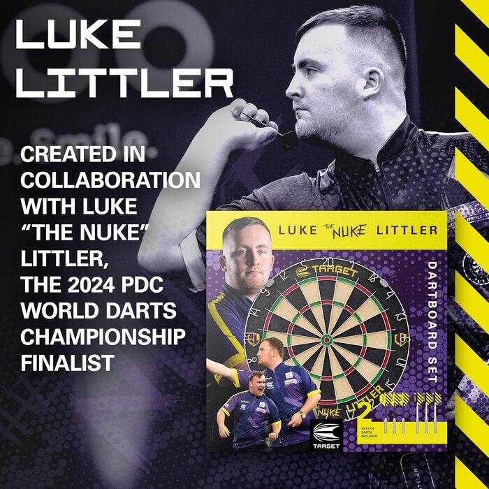 Професійний набір для дартсу Target Darts Luke Littler 'The Nuke' — дартс-дошка, 2 сталеві дротики, стандартна лінія для кидків, аксесуари