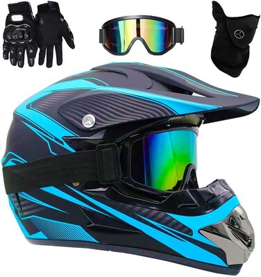 Мотошолом Racing Motocross з окулярами та рукавичками (4 шт.) - комплект для безпеки на мотоциклі, байку, оф-роуду, для дорослих та дітей, блакитний (56-57 см)