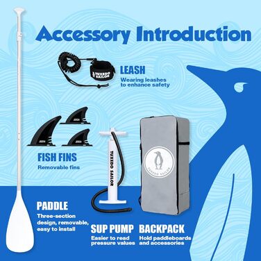 Надувний SUP борд Tuxedo Sailor Stand Up Paddle Board з аксесуарами, для дорослих та підлітків, блакитний та жовтий