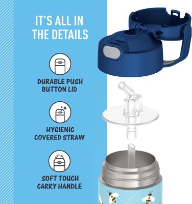 Дитяча термопляшка зі сталі Thermos Funtainer з трубочкою, вакуумна ізоляція, 355 мл, чорна (дизайн Honigbienen)