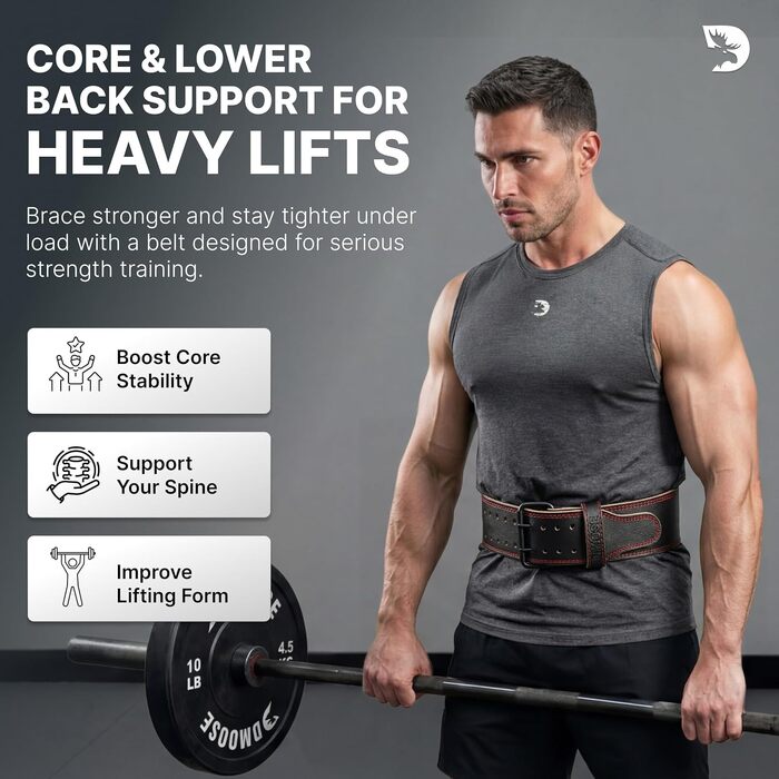 Шкіряний атлетичний пояс для важкої атлетики DMoose Fitness для підтримки попереку, 5 мм, для станової тяги та присідань, Powerlifting, чорний з червоною прошивкою, Small (23-30 дюймів)