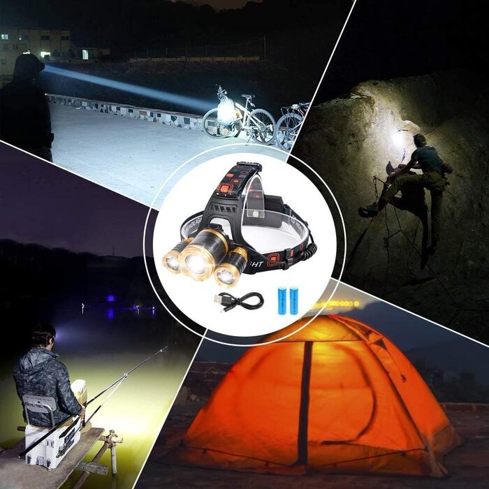 Фронтальний ліхтар Flintronic LED з акумулятором USB, COB, 90° обертання, IP64, Zoom, 3 режими, 800 Люмен для бігу/велосипеда/риболовлі/кемпінгу (2 x 18650, жовтий, 4 режими, 1500LM)