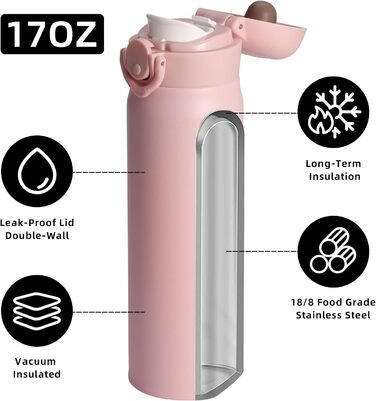 Термос Olerd 500 мл, пляшка для води з нержавіючої сталі, ізотермічна, герметична, зберігає холод і тепло, рожевий колір