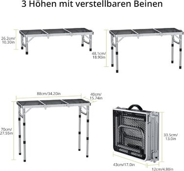 Стіл для кемпінгу Anbte Grilltisch 58x40 см, алюмінієвий каркас, регульована висота (26/48/70 см), складаний, для пікніка, BBQ, саду, балкону (срібний)