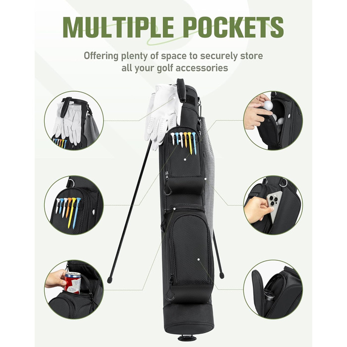 Сумка для гольфу на штативі, легка, для 9 ключок, з роздільниками, водонепроникна, з кишенькою-холодильником, ергономічний плечовий ремінь, велика кишеня, унісекс, чорна A1