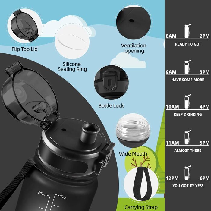 Фляга для води HoneyHolly 1л з фільтром, з маркуванням часу, для спорту, велосипеда, йоги, активного відпочинку (1л, чорний & червоний)