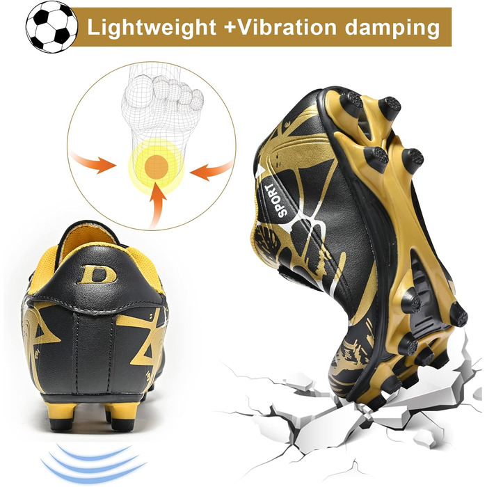 Дитячі футбольні бутси Unisex, чорно-золоті, розмір 28-37 EU, дихаючі, антиковзкі