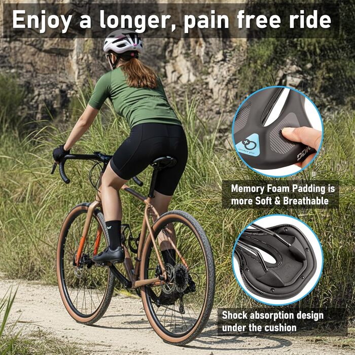 Сідло для велосипеда DDK Comfort Plus – М'яке сідло з Memory Foam – Зняття тиску та амортизація – Комфортне, м'яко стьоване сідло для чоловіків та жінок (MTB, шосе, міський велосипед)