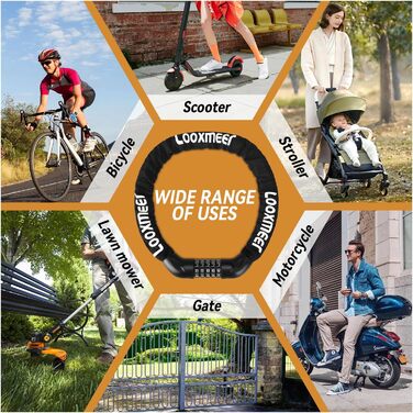 Замки для велосипеда з цифровим кодом, 11 кольорів, 90 см, рівень безпеки 8, 5-значний код, ланцюговий замок для велосипеда, мотоцикла, ролера, дверей (чорний)