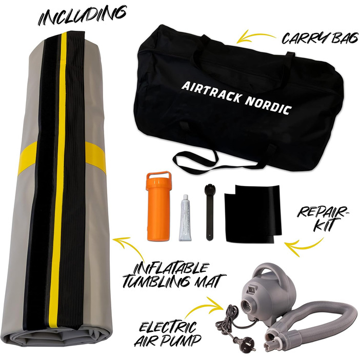 AirTrack Nordic Carbon – надувний гімнастичний мат 3/4/5/6/8 м з насосом, 1,5 м ширина, 15 см товщина, для дому, гімнастики та черлідингу