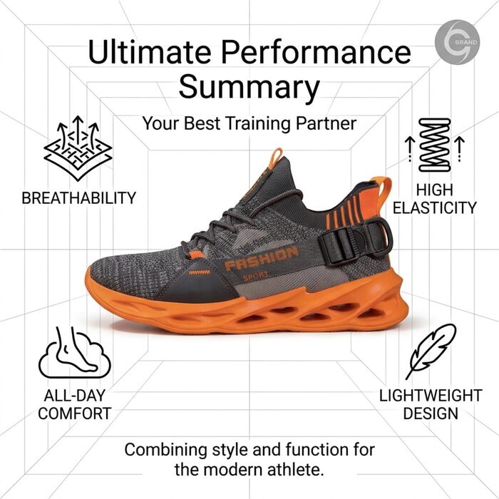 Кросівки чоловічі/жіночі спортивні для бігу та фітнесу Turnschuhe G133 сіро-помаранчеві, дихаючі, легкі, з амортизацією, розмір EU 43