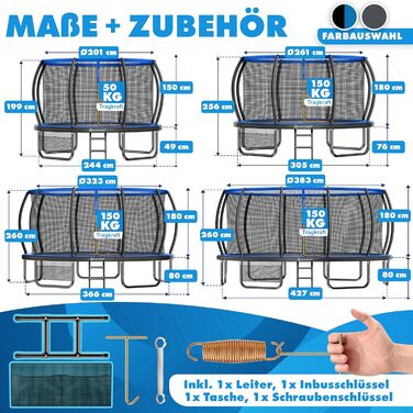 Трамплін KESSER® Outdoor для дітей та дорослих, діаметр 244/305/366/427 см, з сертифікатом GS, безпечне сітко, сходи, захисний борт, подушки на стійках (блакитний)