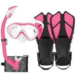 Набір для снорклінгу для дітей з ластами, маска з панорамою 180° проти запотівання, регульовані ласти, високоякісна маска для дайвінгу та сухий снорк (рожевий)