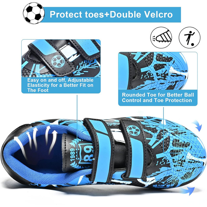 Дитячі футбольні бутси Unisex, дихаючі, для хлопчиків та дівчаток, легкі, антиковзаючі, 28-37 (31 EU), синьо-чорні