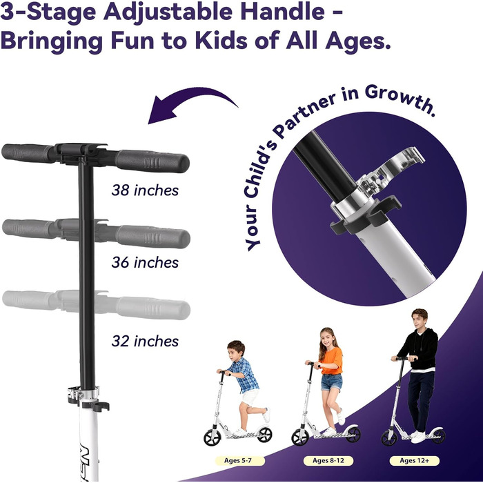 Nattork 8-дюймовий самокат з міцними колесами для підлітків та дорослих - 100 кг, амортизатор переднього колеса та регульоване кермо (білий)