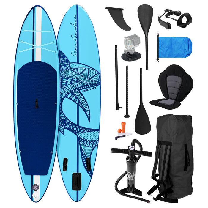 SUP Board BRAST Shark надувний, 320x81x15 см, блакитний: комплект для падлбордингу з аксесуарами (каяк-сидіння, камера, помпа, рюкзак)