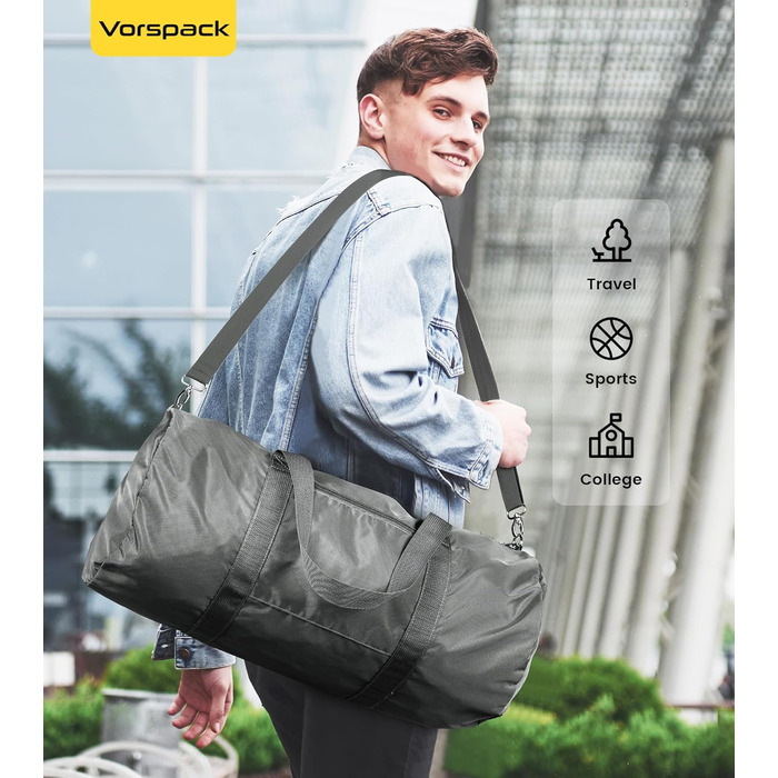 Спортивна сумка Vorspack для чоловіків та жінок — водонепроникна складна дорожня сумка для подорожей, спортзалу та ручної поклажі, сіра, 28 дюймів