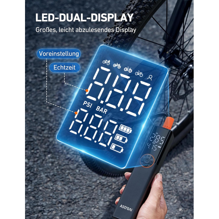 AstroAI Електрична велосипедна помпа, 150 PSI, портативна, акумуляторна, універсальна, для всіх типів велосипедів, з високопродукним мотором, перезаряджається, для міських, шосейних та гірських велосипедів, помаранчевого кольору