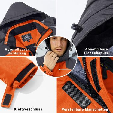 Чоловіча зимова куртка KEFITEVD: водонепроникна, з відстібаною капюшоном, для сноуборду та активного відпочинку, XXL, сіро-помаранчевий