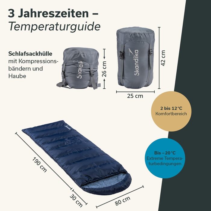 Спальний мішок Skandika Dundee Flanell: бавовна, преміум-якість, з'єднується, двомісний, 3 сезони, до -20°C, 220 x 80/160 см, Outdoor, Indigo, для кемпінгу