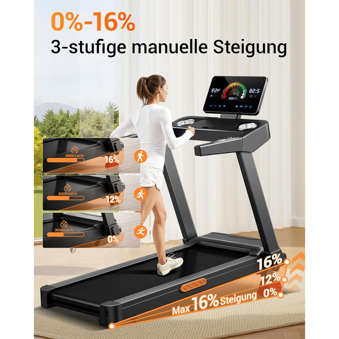 Бігова доріжка для дому LONTEK: складана, з нахилом 16%, швидкість до 14 км/год, мотор 3.5 к.с., пульсометр, LED-дисплей, макс. навантаження 180 кг, чорна