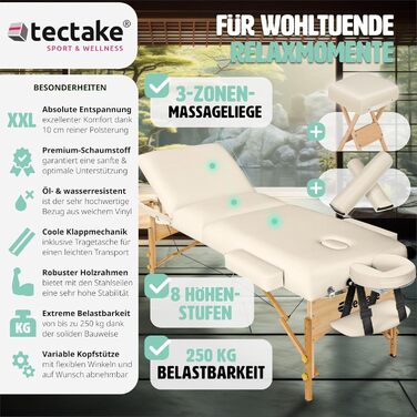 Складаний масажний стіл tectake, регульований по висоті, меблі та аксесуари для масажу, тату чи косметології, з товстим м’яким наповнювачем, 2 валики, табурет, сумка, алюмінієва підголівник, бежевий