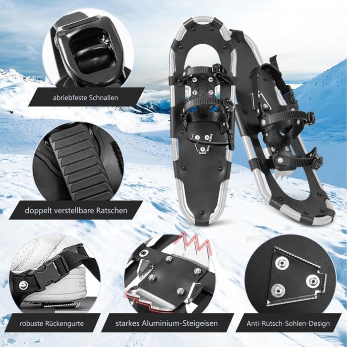 Снігоступи GYMAX легкі алюмінієві, комплект з регульованими трекінговими палками та сумкою, обладнання для гірського туризму, ходьби снігом для чоловіків, жінок, підлітків, 30 дюймів + сріблястого кольору