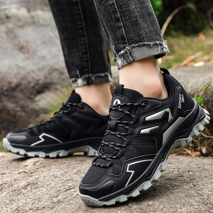 Чоловічі трекінгові черевики для хайкінгу та кемпінгу, легкі, чорно-срібні (39 EU)