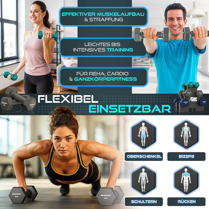 Набір гантелей RE:SPORT® 18 кг з підставкою та фітнес-гумками | 3 пари гантелей (1-5 кг) | Нековзкі гантелі з неопрену для жінок та чоловіків | Кольори: блакитний, сірий, темно-синій