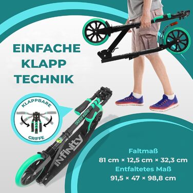 Самокат SereneLife Roller: складаний міський самокат з великими колесами, регульованою висотою, ременем для перенесення, підставкою та ножним гальмом до 100 кг (Аква)