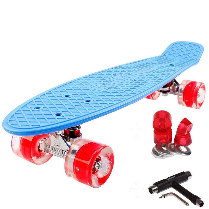 Скейтборд FunTomia Mini-Cruiser 57 см з LED підсвіткою, алюмінієвими траками ABEC-9 та T-інструментом, блакитний з червоними колесами