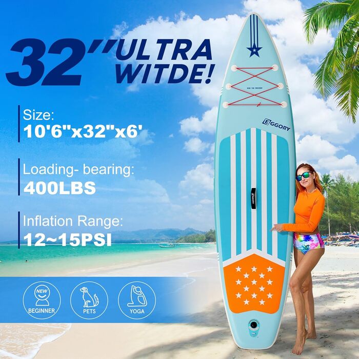 Надувний SUP-борд Extra Breites: Дошка для Stand-Up Paddle з фіном, ручним насосом, для подорожей (Смуга м'яти)