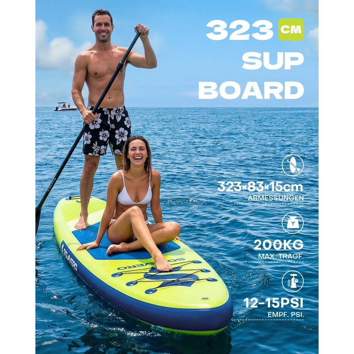 SUP дошка Solavero надувна з веслом та аксесуарами, 323x83x15 см, до 200 кг, блакитно-зелена, для початківців та сім'ї