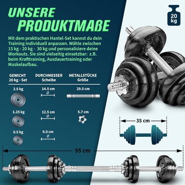 Набір гантелей RE:SPORT 2 в 1 15-30 кг, регульовані гантелі та штанга, чавун, з'єднувальна труба, зіркоподібні замки