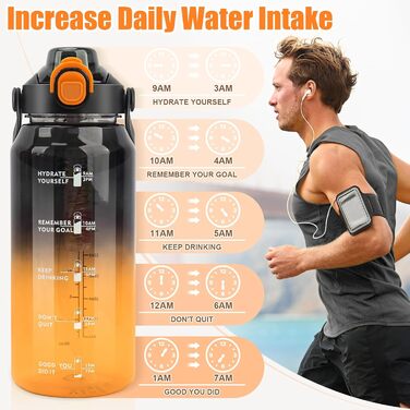 Спортивна пляшка для води MOMSIV 2L з трубочкою та контейнером для фруктів, з позначками часу, чорно-помаранчевого кольору, BPA-Free, для фітнесу, кемпінгу, йоги