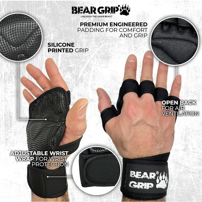 Рукавички для тренувань Bear Grip M (чорні) – захист долонь для кросфіту, бодібілдингу, пауерліфтингу