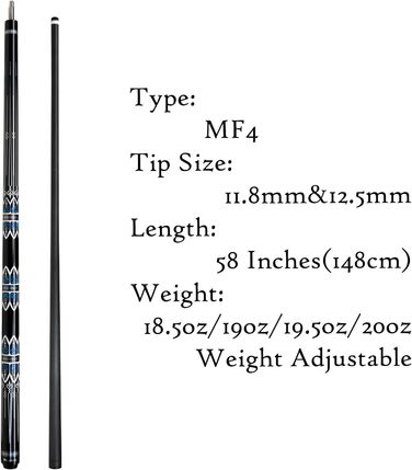 Професійний більярдний кий Moyerely з карбону, 11.8/12.5 мм, низька деформація, з чохлом MF4