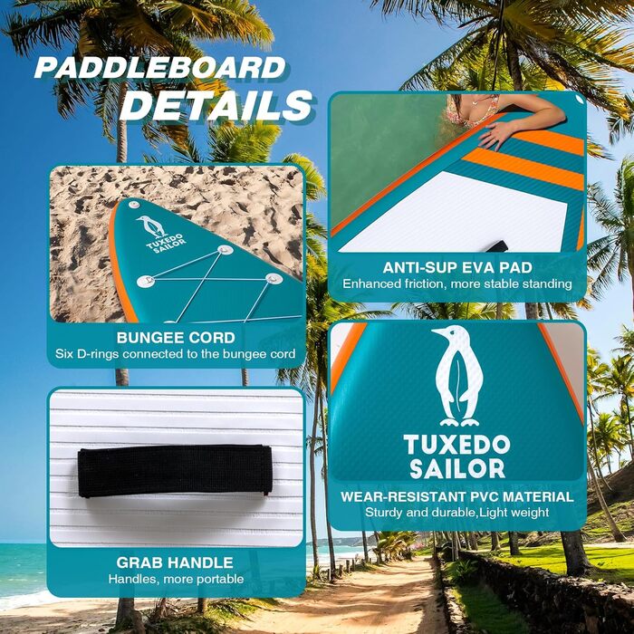 Надувний SUP борд Tuxedo Sailor Stand Up Paddle Board з аксесуарами, для дорослих та підлітків, блакитний та жовтий (зелений та помаранчевий)