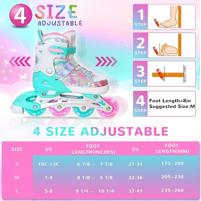 Дитячі ролики Nattork для дівчаток, 4 розміри, регульовані, ролики-коньки з бантиком (блакитний, Small (27-31 EU))